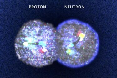 screenshot from Visualizing the Nucleus: Mysteries of the Neutrino video of a proton (left), and neutron (right) merging