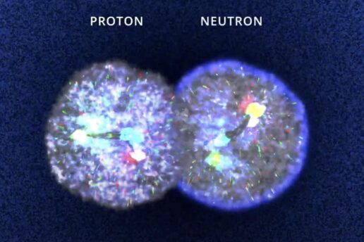 screenshot from Visualizing the Nucleus: Mysteries of the Neutrino video of a proton (left), and neutron (right) merging