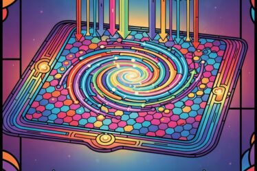 A colorful, stained-glass-style illustration depicting the Quantum Hall Effect. It shows a swirling rainbow vortex on a hexagonal grid, with colorful arrows pointing down, all within a circuit-like frame.