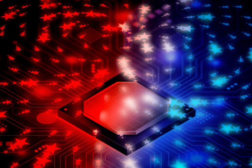 Futuristic circuit board emanating energy.