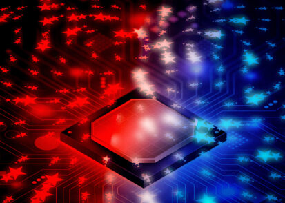 Futuristic circuit board emanating energy.