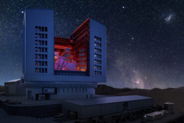 Rendering of the Giant Magellan Telescope, located in a mountain setting with many stars at night