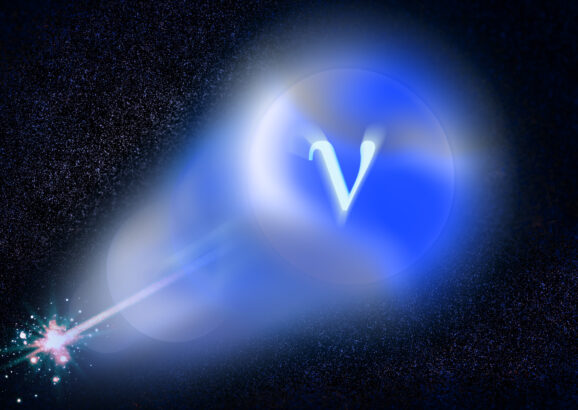 A neutrino is represented as a sphere with the letter ‘v,’ and is shot out through space like a laser.