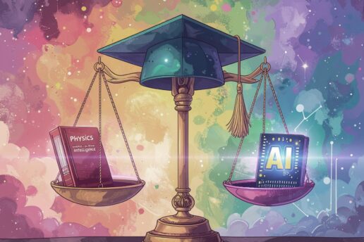 a scale with a mortarboard on top, balancing a physics book and AI