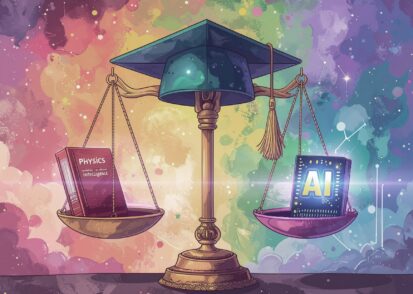 a scale with a mortarboard on top, balancing a physics book and AI