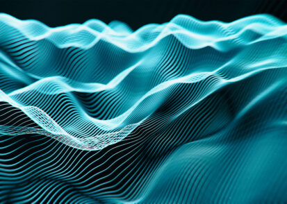 Waves of blue lines on a black background
