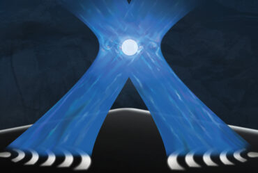 Two beams of blue light intersect and a spherical ion is at the center.