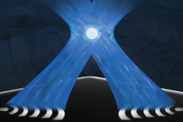 Two beams of blue light intersect and a spherical ion is at the center.