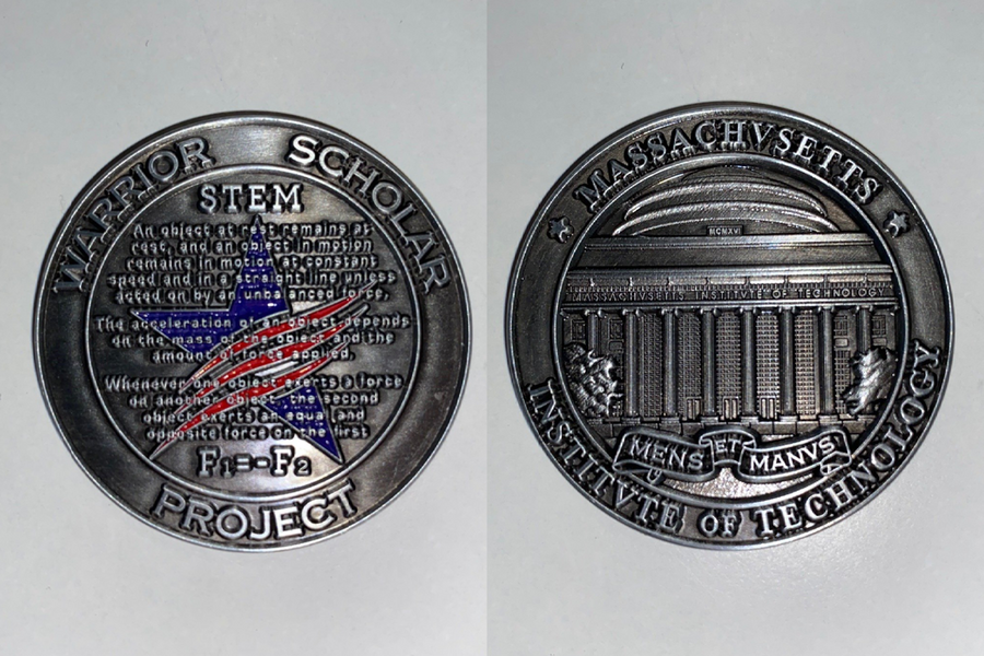 Photo of both sides of the pewter challenge coin