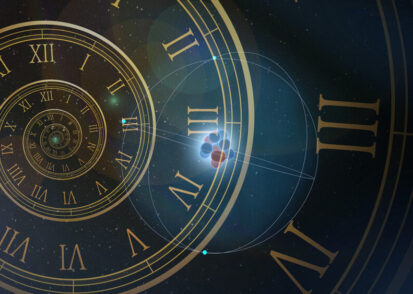 A conceptual illustration of a glowing atom model superimposed over spiraling, golden clock faces with Roman numerals, set against a dark, starry cosmos.