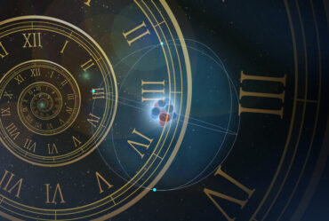 A conceptual illustration of a glowing atom model superimposed over spiraling, golden clock faces with Roman numerals, set against a dark, starry cosmos.