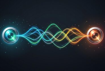 AI-generated abstract digital illustration of two glowing, circular sensors connected by multiple colorful wavy lines against a dark, starry background.