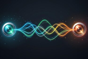 AI-generated abstract digital illustration of two glowing, circular sensors connected by multiple colorful wavy lines against a dark, starry background.