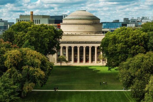 Aerial view of the MIT dome and Killian Court on an early fall day