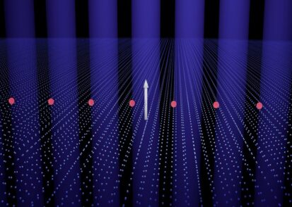 Hundreds of parallel lines comprised of spheres recede into the distance. In the middle ground are seven large red dots and a white 3D arrow pointing up.