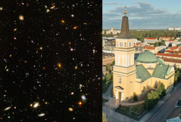 At left, deep space image with many galaxies. At right, aerial view of Oulu Cathedral