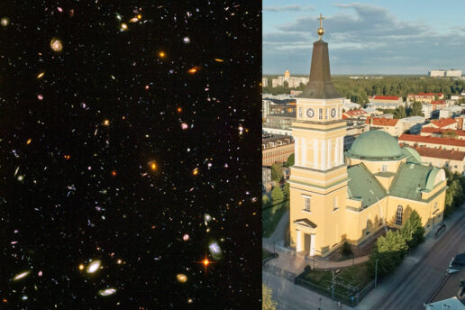 At left, deep space image with many galaxies. At right, aerial view of Oulu Cathedral