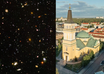 At left, deep space image with many galaxies. At right, aerial view of Oulu Cathedral
