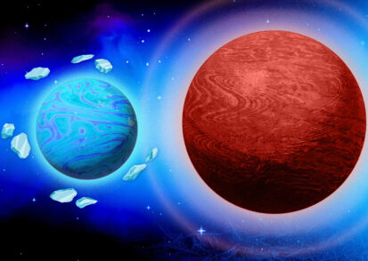 Two planets in space, a smaller blue planet and a large red planet. On left a blue icy planet has ice shards floating around it.