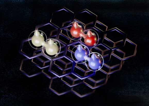 Honeycomb pattern consisting of three pairs of round graphene orbs in red, yellow, and blue.