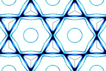 A blue and white visualization of the zero-energy electronic states – also known as a “Fermi surface” – from the kagome material studied by MIT’s Riccardo Comin and colleagues.