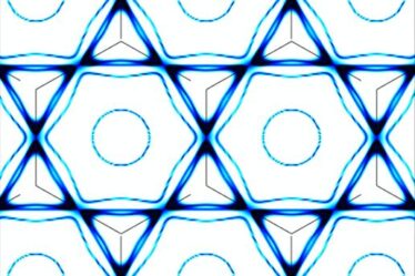 A blue and white visualization of the zero-energy electronic states – also known as a “Fermi surface” – from the kagome material studied by MIT’s Riccardo Comin and colleagues.