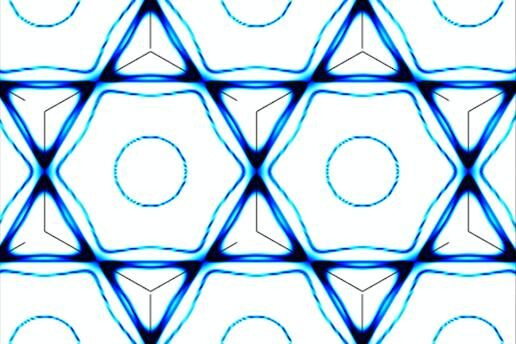 A blue and white visualization of the zero-energy electronic states – also known as a “Fermi surface” – from the kagome material studied by MIT’s Riccardo Comin and colleagues.
