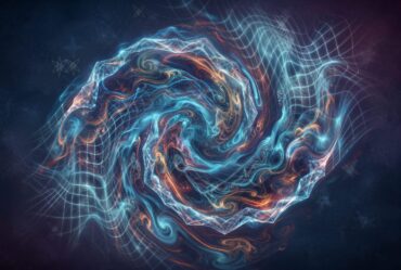 A vibrant cosmic visualization showing a swirling vortex of glowing blue and orange plasma contained within a complex, warped geometric wireframe grid against a dark, starry background.