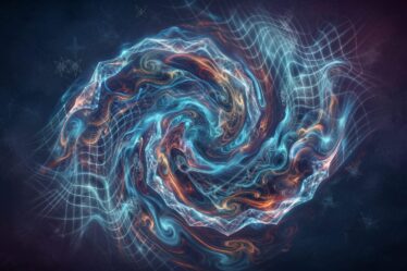 A vibrant cosmic visualization showing a swirling vortex of glowing blue and orange plasma contained within a complex, warped geometric wireframe grid against a dark, starry background.