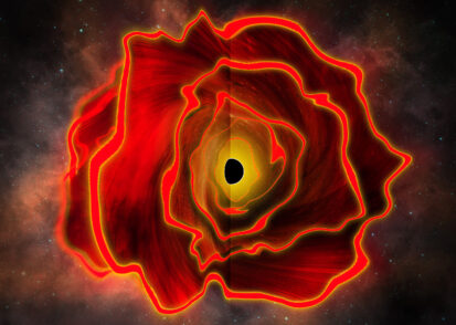 The black hole star is shown as a red, 3D cloud with wavy perimeters and with a black sphere in the middle.