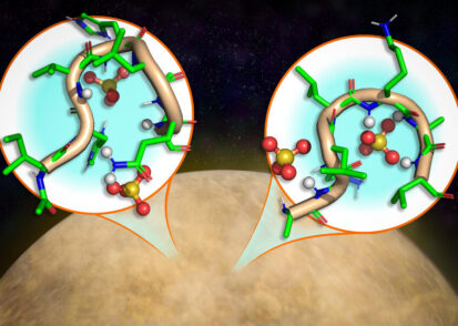 The surface of Venus, with cloudy atmosphere. In two insets are stringy, colorful peptides.