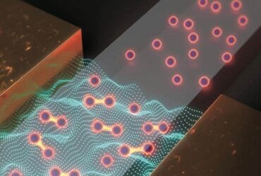 3D digital illustration showing glowing electron spheres forming pairs over a wavy, luminescent quantum field between two metallic blocks.