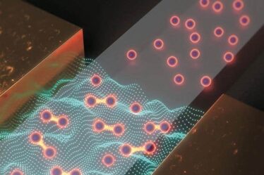 3D digital illustration showing glowing electron spheres forming pairs over a wavy, luminescent quantum field between two metallic blocks.